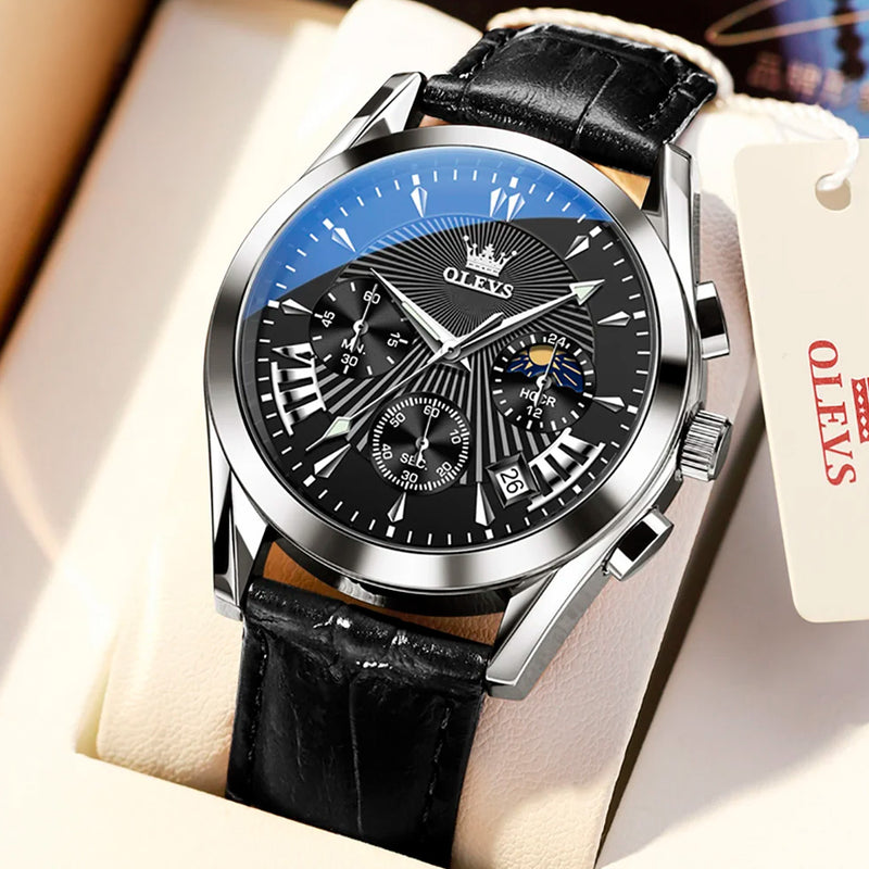 Relógio Masculino OLEVS 2876 Luxo Couro Genuíno Cronógrafo Moon Phase Calendário Automático À Prova d'Água Quartzo Premium