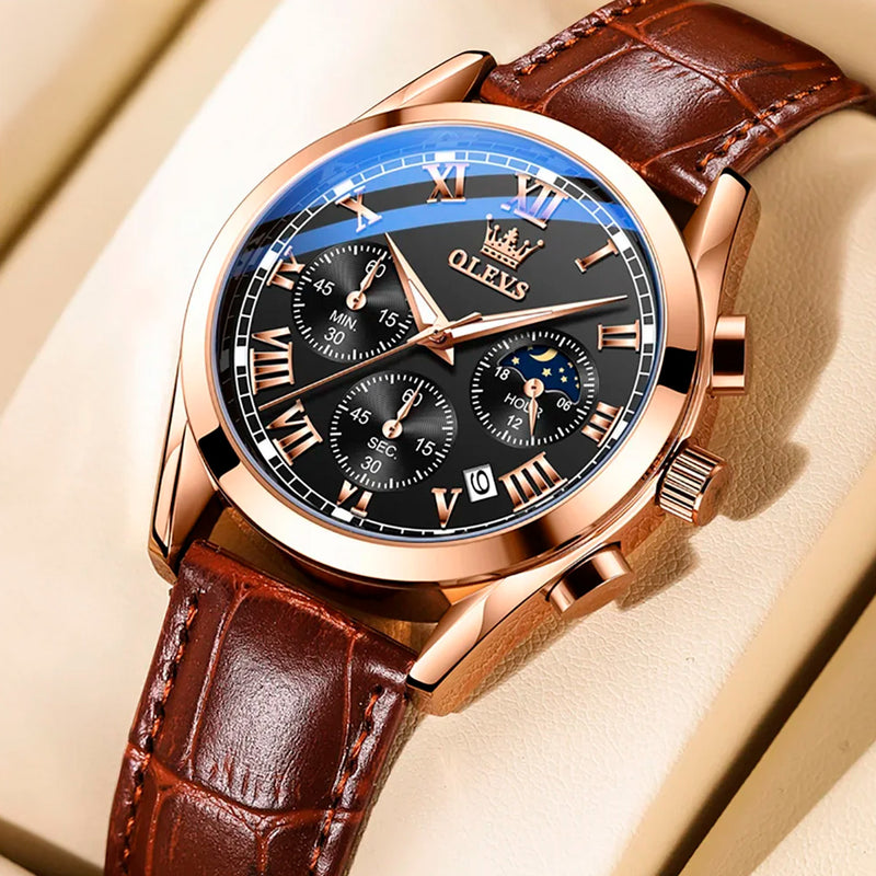 Relógio Masculino OLEVS® 2871 Moon Phase Premium – Couro Genuíno, Calendário Automático e Design Luxuoso