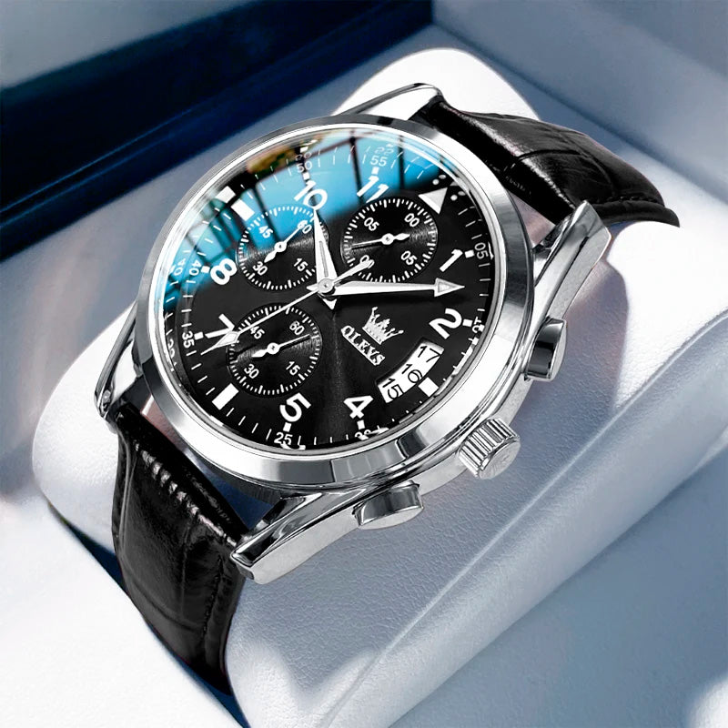 Relógio Masculino OLEVS® 2879 Quartz Premium – Couro Genuíno, Calendário, À Prova d'Água e Ponteiros Luminosos