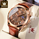 Relógio Masculino OLEVS 2876 Luxo Couro Genuíno Cronógrafo Moon Phase Calendário Automático À Prova d'Água Quartzo Premium