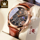 Relógio Masculino OLEVS 2876 Luxo Couro Genuíno Cronógrafo Moon Phase Calendário Automático À Prova d'Água Quartzo Premium