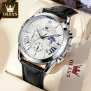 Relógio Masculino OLEVS 2876 Luxo Couro Genuíno Cronógrafo Moon Phase Calendário Automático À Prova d'Água Quartzo Premium