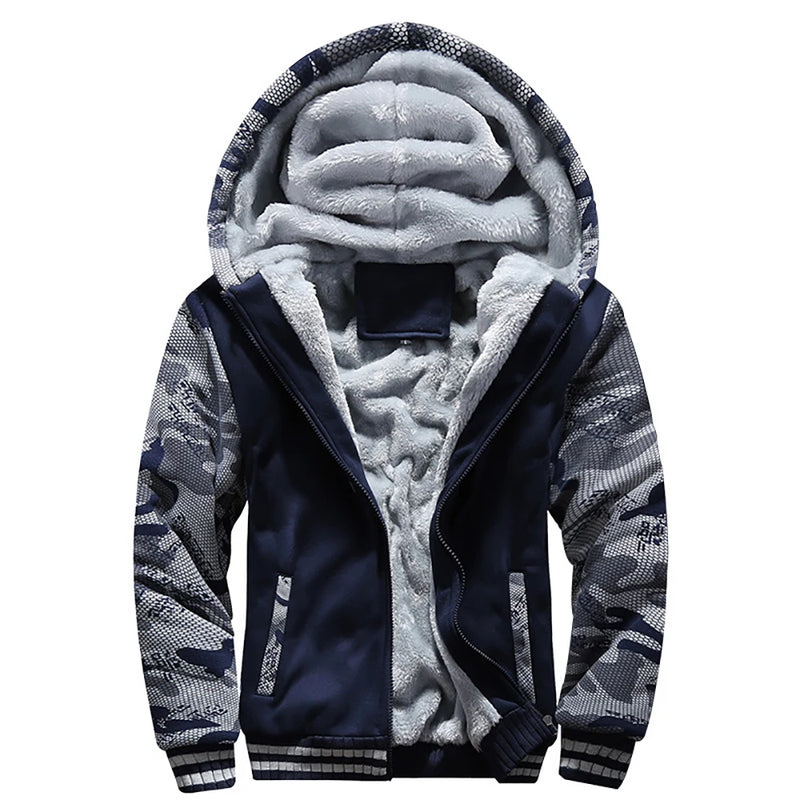 Jaqueta Masculina Camuflada com Capuz e Forro Fleece – Casaco de Inverno Grosso e Quente