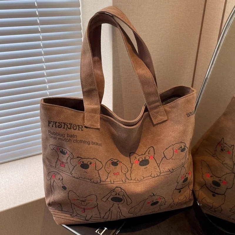 Bolsa Tote Feminina em Canvas Grande Capacidade – Bolsa Coreana Casual com Estampa Animal para Trabalho e Uso Diário