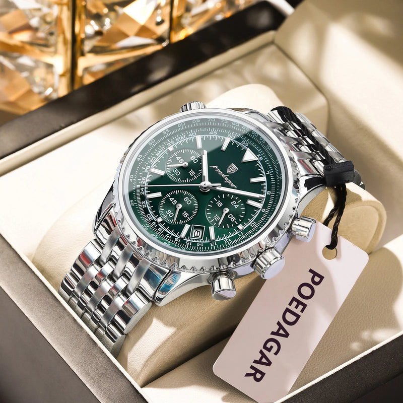 Relógio Masculino POEDAGAR® Luxury Chronograph 960 em Aço Inoxidável – Calendário, Ponteiros Luminosos e Resistência à Água