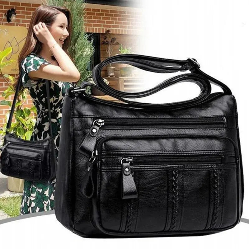 Bolsa Feminina de Couro Sintético Multicamadas – Bolsa de Ombro e Transversal com Grande Capacidade para Uso Diário