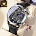 Relógio Masculino OLEVS 2876 Luxo Couro Genuíno Cronógrafo Moon Phase Calendário Automático À Prova d'Água Quartzo Premium