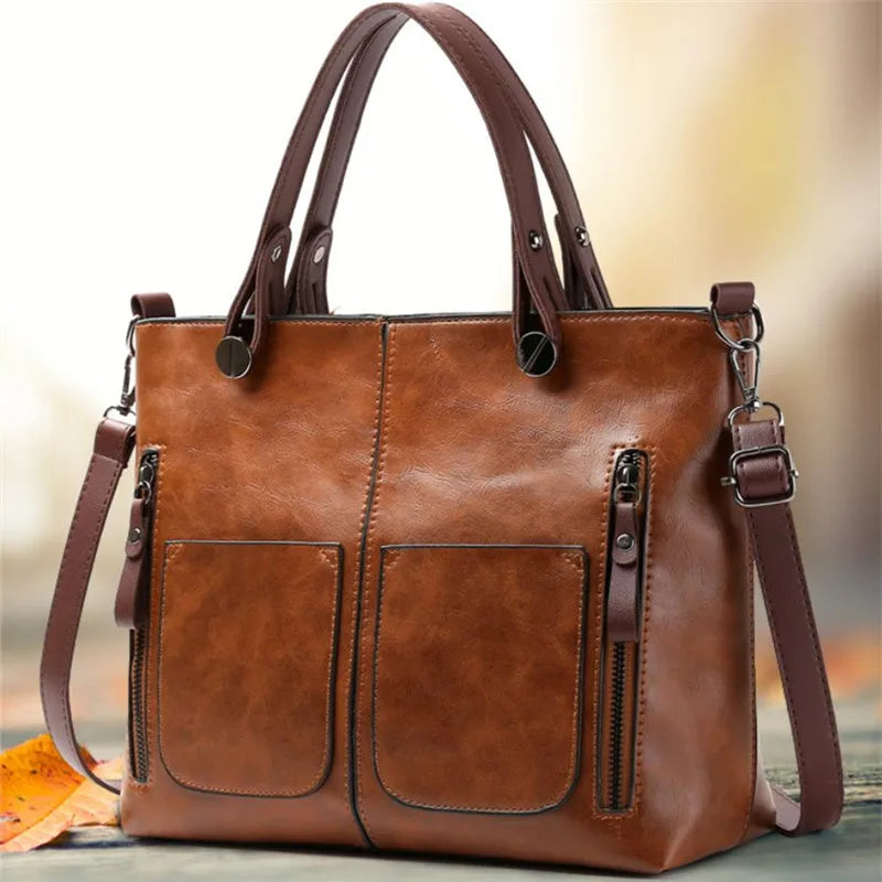 Bolsa Feminina Retrô de Couro com Dois Bolsos e Zíper – Bolsa de Ombro e Transversal para Trabalho, Negócios e Uso Diário
