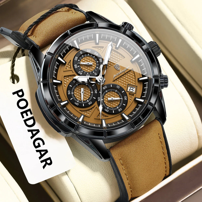 Relógio Masculino POEDAGAR® 692 Luxury Chronograph – Quartz Original em Couro, À Prova d'Água, Data e Ponteiros Luminosos