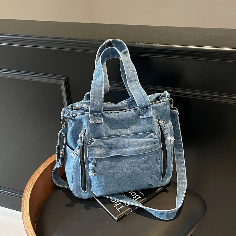Bolsa Tote Jeans Feminina Grande Capacidade – Estilo Casual para Faculdade, Trabalho e Dia a Dia