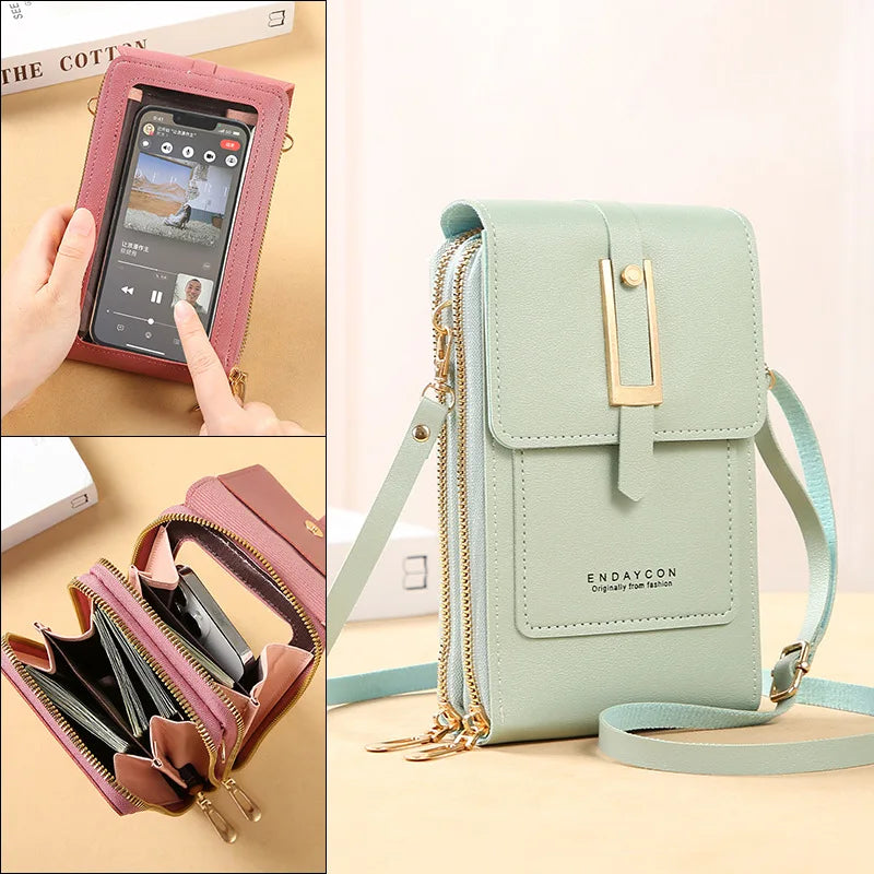 Bolsa Feminina Transversal com Carteira e Compartimento Touch Screen para Celular – Couro Macio, Compacta e Prática para o Dia a Dia