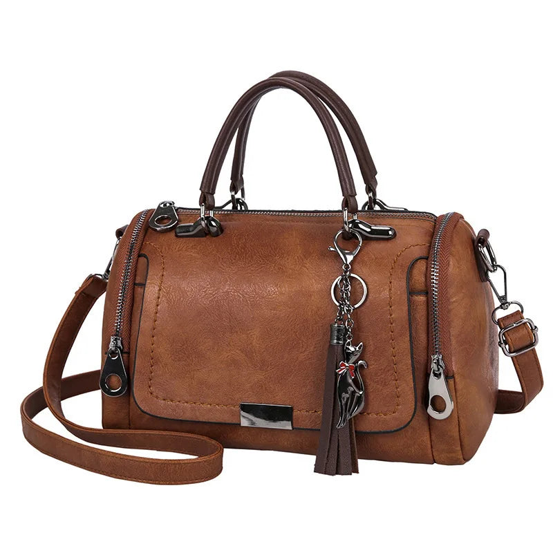 Bolsa Feminina Grande Capacidade com Tassel – Bolsa de Ombro e Transversal com Zíper e Alça Removível